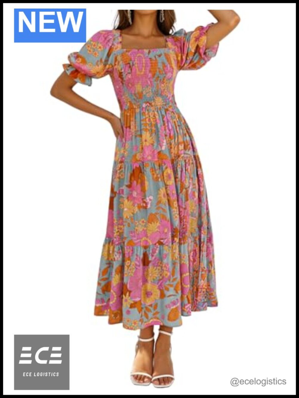 Womens Summer Boho Floral Ruffle Maxi Dress Square Neck Short Sleeve